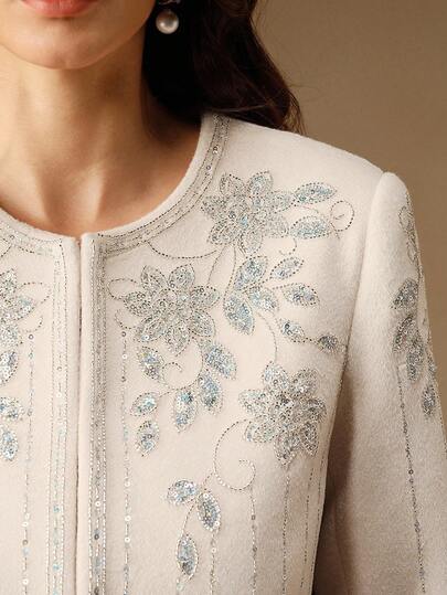 Anewsta 女士优雅串珠刺绣复古圆领短款大衣，适合圣诞节、正式场合