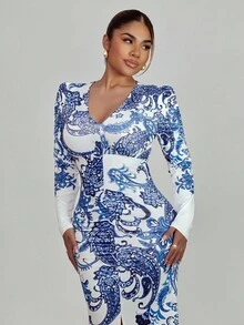 Xyvia Women's Elegant Floral Print Bodycon Dress With Side Slit Hem Fall Cloth For Women - Multicolor - View 6