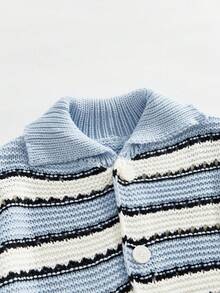 ROMWE MEN Street Life Men's Blue & White Striped Knit Cardigan Sweater, Fall Winter - Blue and White - View 3