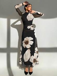 Aloruh Váy dài tay ôm sát in họa tiết lưới màu đỏ thời trang thu đông mới - Màu Khaki - Xem 4