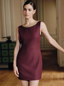 Anewsta Women's French A-Line Waist Embellished Backless Fitted Mini Dress - Burgundy - View 3