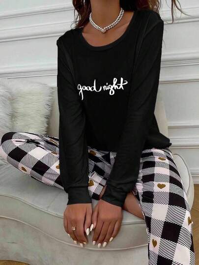 Slogan Heart Print PJ Set Pajama Set, Fall Clothes view 3