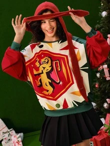 HARRY POTTER X SHEIN Women's Casual Christmas Geometric Print Color Block Dropped Shoulder Loose Pullover Sweatshirt - Multicolor - View 6