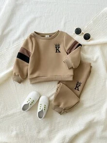 SHEIN 2 件套男婴/女婴可爱拼色长袖运动衫和松紧腰慢跑裤运动服套装，男女通用婴儿服装，婴儿冬装 - 彩色 - 查看 5