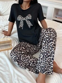 Bare Chapter Bộ đồ ngủ thường ngày họa tiết da báo trang trí nơ thời trang dành cho nữ - màu đen - Xem 6