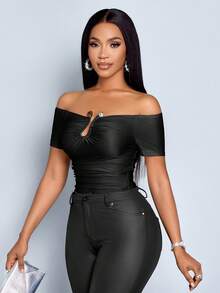 SOLERSUN 女式纯色露肩短袖修身褶皱T恤 - 黑色 - 查看 5