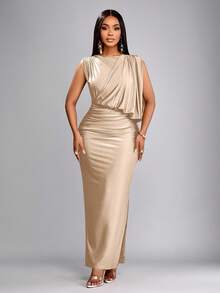 SOLERSUN 春夏女装派对通勤优雅棕色光泽针织面料无袖露肩不对称领肩褶臀部聚拢修身性感H下摆侧开衩长裙 - 杏色 - 查看 6