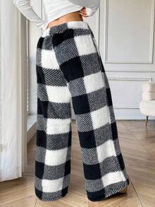 SHEIN EZwear Women's Casual Front Tie Black & White Plaid Pants, Autumn/Winter,Fall Black And White Pants Knit Pants Checkered Pants Gingham Pants
