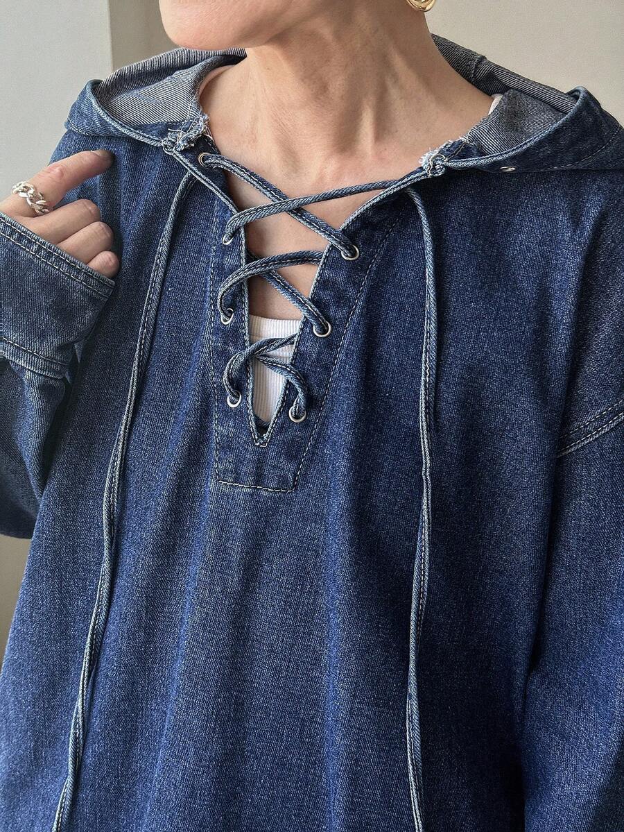 FRIFUL Women's Hollow V-Neck Tie-Up Hooded Casual Denim Top Long Sleeve - Blue - View 1