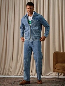 Manfinity Homme Men Street Style Washed Blue Denim Jacket & Jeans, Spring/Summer Western Business Casual Acid Washed Blue For Rave, Fall Clothes