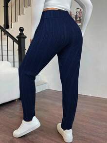 SHEIN EZwear 大码黑色高腰休闲紧身裤，秋冬保暖 - 藏蓝色 - 查看 2