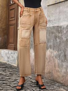 SHEIN LUNE بنطلون جينز ذو أرجل مستقيمة وجيوب متعددة - أصفر - مشاهدة 1