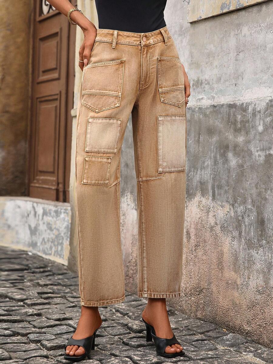 SHEIN LUNE بنطلون جينز ذو أرجل مستقيمة وجيوب متعددة - أصفر - مشاهدة 1