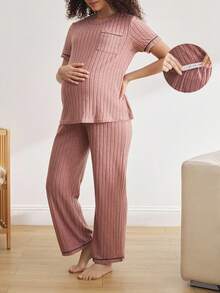 BloomMama Maternity Short Sleeve Pants Casual Pajamas - Dusty Pink - View 1