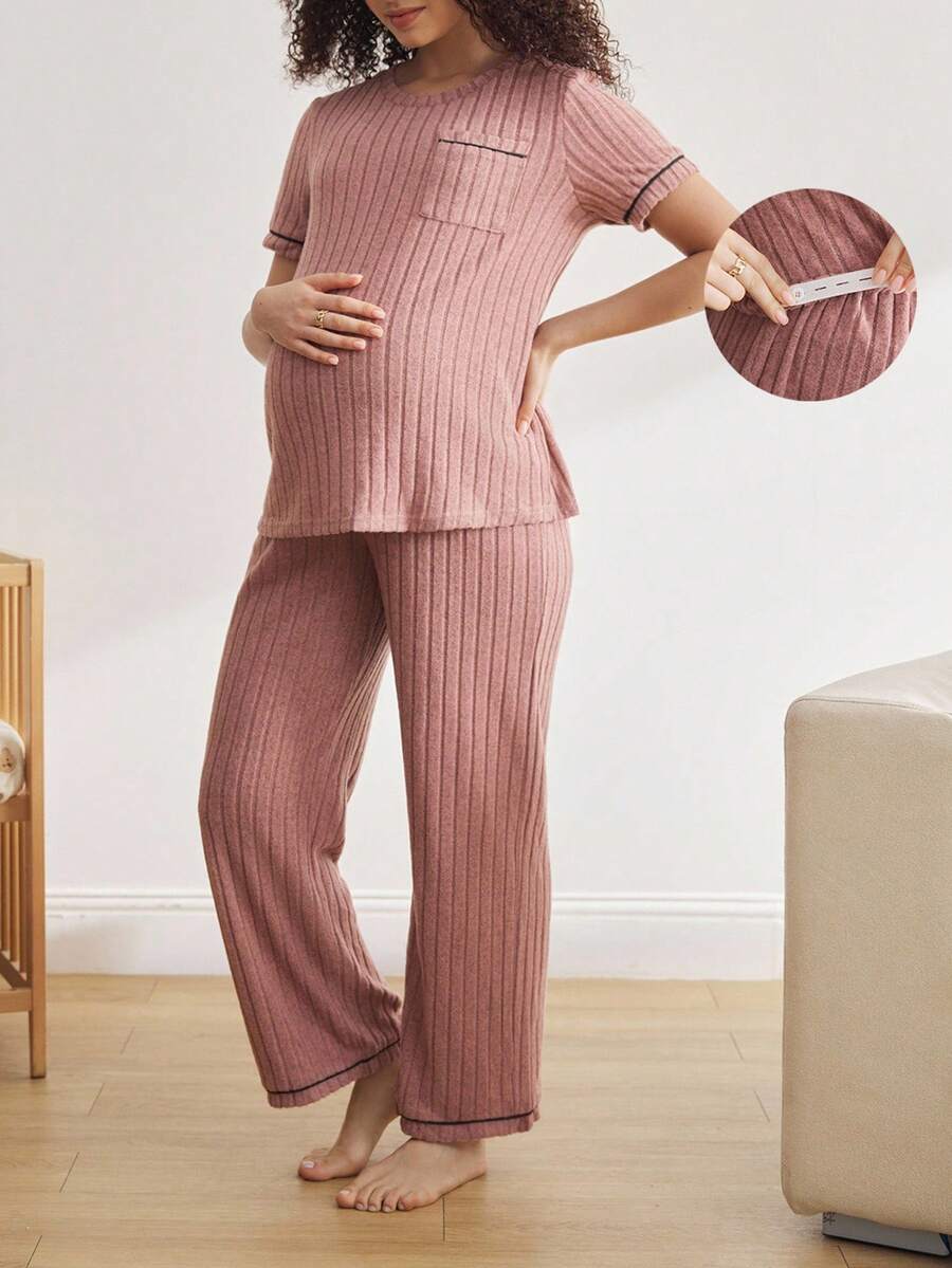 BloomMama Maternity Short Sleeve Pants Casual Pajamas - Dusty Pink - View 1