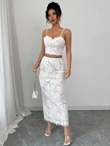 Rafferiza 2 件套女士蕾丝纯色细肩带蕾丝边拼接露背开衩节日派对优雅迷人性感波西米亚风格度假夏季无袖上衣和裙子套装