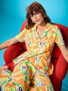 Chillnights X LOONEY TUNES Cartoon Pattern Short Sleeve Top & Pants Women Pajama Set Women Pajamas Bunny Pajamas Carrot Pajamas Printed Pajamas Cartoon Pajamas - Multicolor - View 1