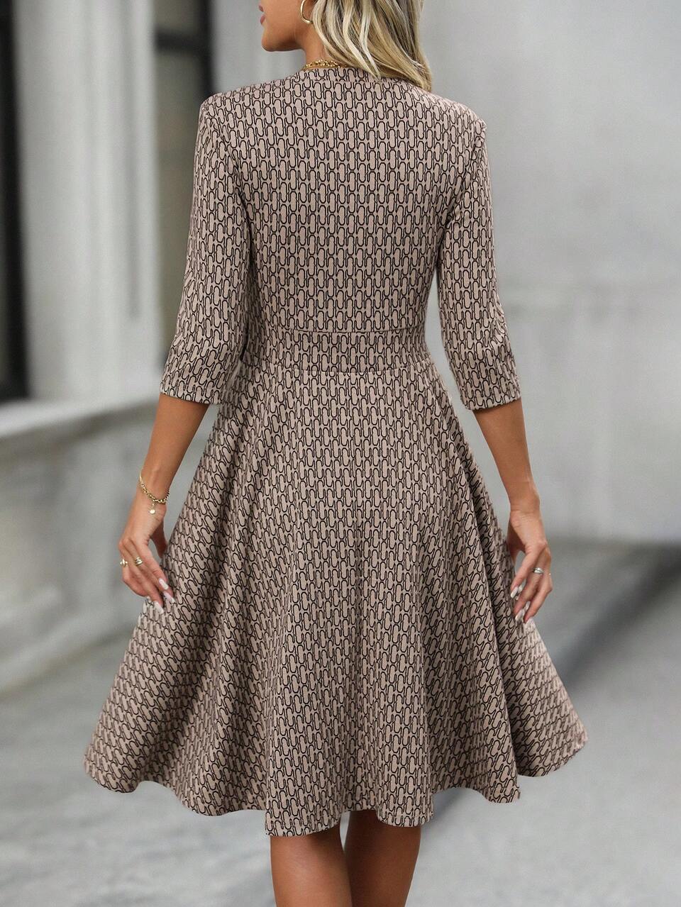 Women's Brown Summer Elegant Office Dress,Fall Commuter V-Neck High Waist Knee-Length Classic Party Wedding Guest Chic Evening Dress