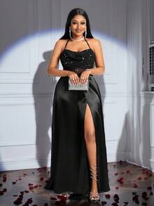 Veslaya 2025新款情人节、新年派对宴会晚会高端设计亮片拼接透明网眼缎面高开叉飘逸下摆垂坠领连衣裙 - 黑色 - 查看 5