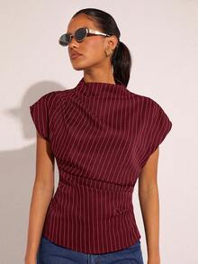 COSMINA 女士条纹印花褶皱领优雅衬衫 红色上衣 - 酒紅色 - 查看 1
