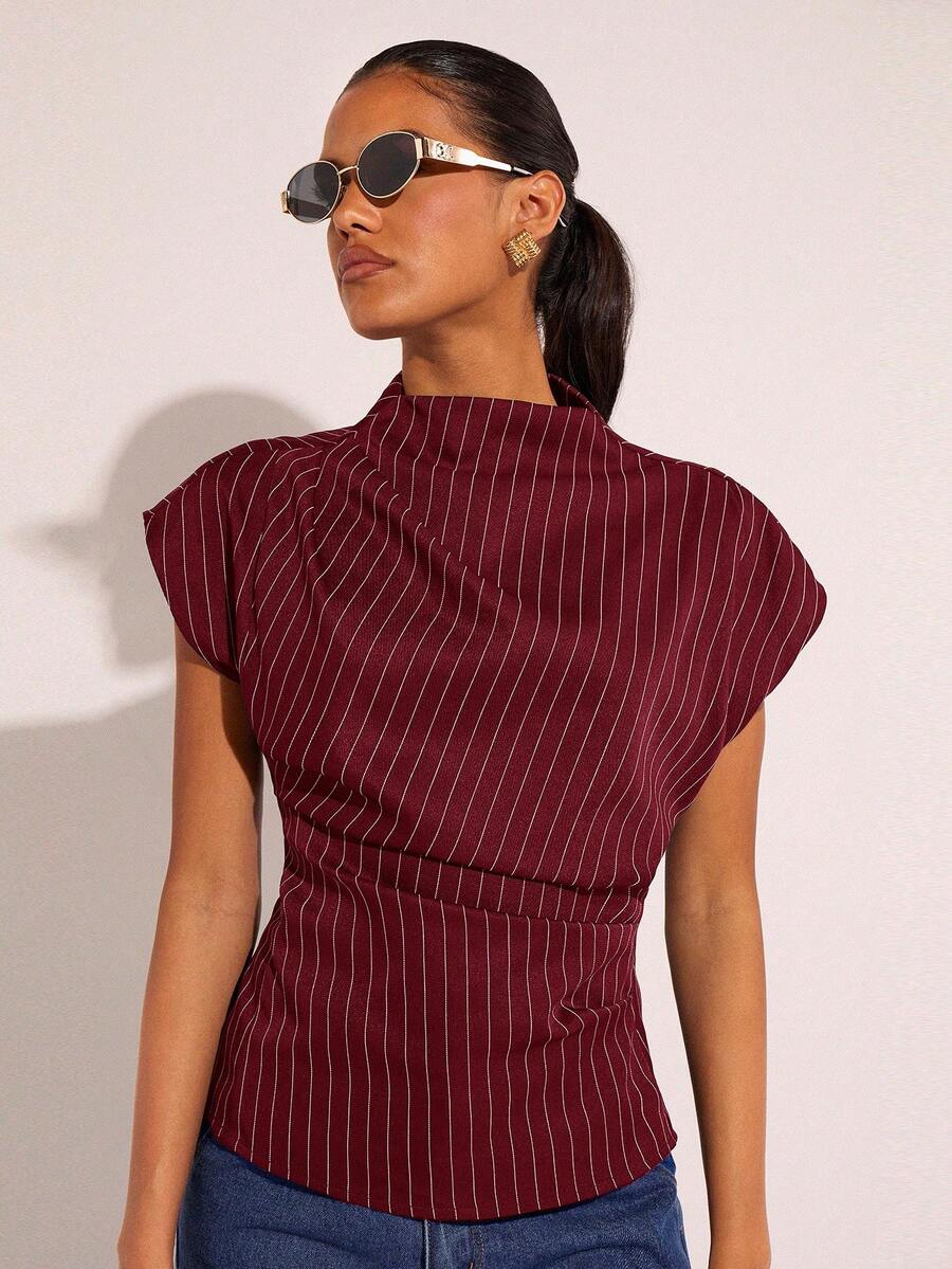 COSMINA 女士条纹印花褶皱领优雅衬衫 红色上衣 - 酒紅色 - 查看 1