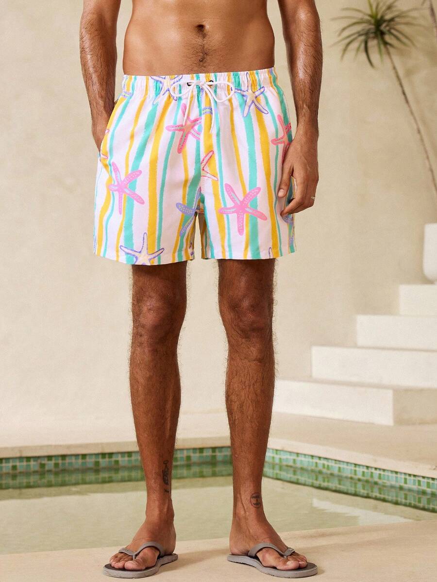 Manfinity Swimmode Men's Starfish Striped Drawstring Waist Pocket Beach Shorts - Multicolor - View 1