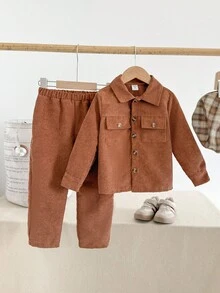 Playful Pals قطعتان من ملابس الأولاد الكاجوال، جاكيت بياقة بني أحادي الصدر + بنطلون فضفاض بخصر مطاطي، طراز كوري رجعي مناسب للخروجات في فصلي الخريف والشتاء