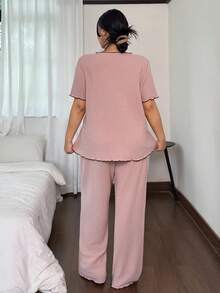 Dream Adore Côtesoire Casual Romantic Pink Decorative Overlock Stitching Design Thin Waffle Knit Texture Fabric Plus Size Homewear Short Sleeve Top And Pants Set - Pink - View 2