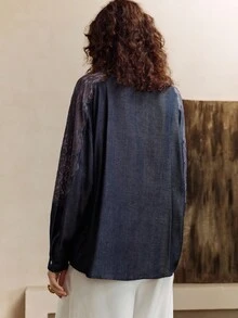 EMERY ROSE 女士粘胶纤维面料长袖蕾丝镂空刺绣设计内衣，日常休闲通勤蓝色衬衫，适合秋季女士商务休闲、办公室女性工作场合穿着，纽扣衬衫，女士工作装 - 藍色 - 查看 5