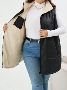 SHEIN CURVE+ Áo khoác cổ cao có túi khóa kéo cỡ lớn dành cho nữ, thích hợp cho mùa đông, mùa thu/mùa thu/mùa đông, áo vest phao - màu đen - Xem 13