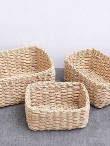 1/3PCS Handmade Woven Storage Basket Seagrass Wood Rattan Geometric Boho Decor For Home Organization Bathroom Bedroom Living Room Desktop Makeup Coastal Vibes Gift For Women Christmas Birthday Present