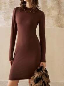 Cévolie 女士优雅纯色紧身长袖连衣裙，适合春秋季节 - 咖啡 - 查看 3