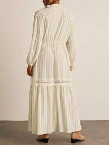 SHEIN VCAY Váy dài tay thường ngày kẻ sọc và ren cỡ lớn Quần áo thu đông Váy mùa đông cho nữ Váy dự tiệc thanh lịch cho phụ nữ Tiền cũ Trang phục đi chơi Phong cách Boho Đồng quê miền Tây Thường ngày - Màu be - Xem 2