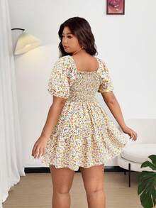 Sunnyshic Plus Size Women's Square Neck Puff Sleeve Floral A-Line Mini Dress, Vacation