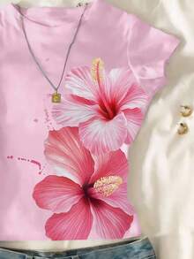 Sparklyn 少女碎花印花短款紧身圆领T恤，休闲舒适，适合夏季穿着，花朵图案，可爱又时尚。 - 粉色 - 查看 3