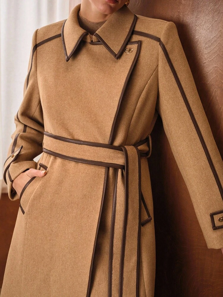 WOOL BLEND AUTUMN/WINTER ELEGANT COMMUTER CONTRAST TRIM BELTED OVERCOAT