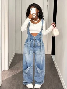 Slaydiva Women's Denim Overalls And Jumpsuits Loose Straight Overalls Light Blue Denim Jumpsuit Fall Women Clothes Winter Clothes Halloween Goth Alternative Y2K Fashionable Street Wear Baggy Jeans Y2k Jean Overalls Curve Overalls Denim Jumpsuits For Woman - Light Wash - View 5