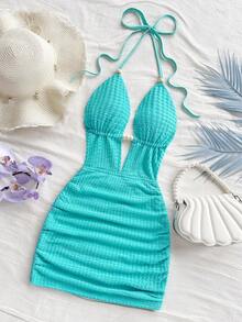 Soleia 女式纯色细肩带深V领褶饰性感迷你连衣裙 - 水鴨藍 - 查看 4