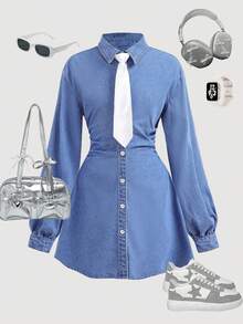 SHEIN Mädchen Denim Hemdkleid mit Schleifen-Kragen