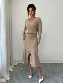 Elenzga 女士纯色优雅蝙蝠袖毛衣和不对称下摆针织中长裙 2 件套 - 卡其色 - 查看 6