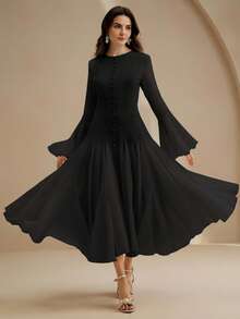 Anewsta 优雅的乳白色长袖喇叭连衣裙，纽扣喇叭袖 - 黑色 - 查看 4