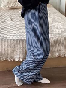 DAZY 青少年（女孩）宽松舒适条纹直筒裤，休闲家居服，秋季 - 藏蓝色 - 查看 5