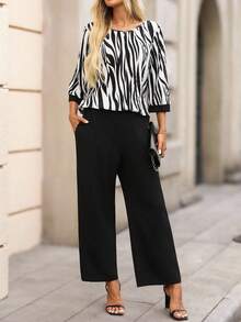EMERY ROSE Conjunto casual de 2 piezas de camisa de cuello redondo de manga 3/4 y pantalones con estampado de cebra para mujer, ropa de otoño para mujer, conjunto elegante con estampado animal, conjunto chic de mujer, conjunto de 2 piezas para mujer en otoño - Negro - Ver 6