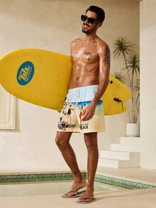 Manfinity Swimmode Men's Casual Printed Drawstring Beach Shorts - Multicolor - View 2