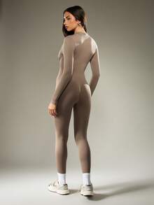 MISSGUIDED Ribbed Long Sleeve Half Zip Bodysuit Workout One Piece Activewear Exercise Ballet Full Body Jumpsuit Compression Slim Fit Athletic Gym Catsuit - Brown - View 2