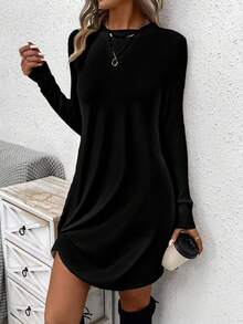 SHEIN LUNE Plus Size Casual Black Round Neck Long Sleeve Twist Hem Dress, Suitable For Autumn/Winter Chic Dress - Multicolor - View 3