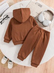 2pcs/Set Toddler Boys Autumn/Winter Wheat Ear Jacquard Plush Zip-Up Hoodie Jacket & Fleece Pants Set,Shades Of Brown,Autumn,Modest,Date,Versatile Warm - Brown - View 2