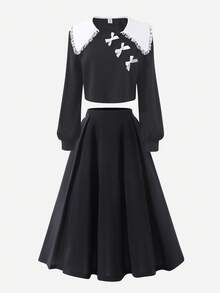 2pcs/Set Teenage Girls' Contrast Color Lace Collar Bow Cropped Top And Solid Color Mini Skirt Suit, Sweet & Retro Style - Black - View 3