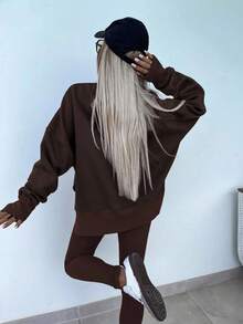 INAWLY Women's Solid Color Round Neck Long Sleeve Side Slit Hem Loose Sweatshirt And Pants Casual 2 Pieces Set, Spring & Fall - Coffee Brown - View 4
