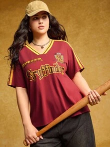 HARRY POTTER X SHEIN 大码女式夏季休闲运动学院风字母图案撞色条纹V领宽松T恤 - 紅色 - 查看 6